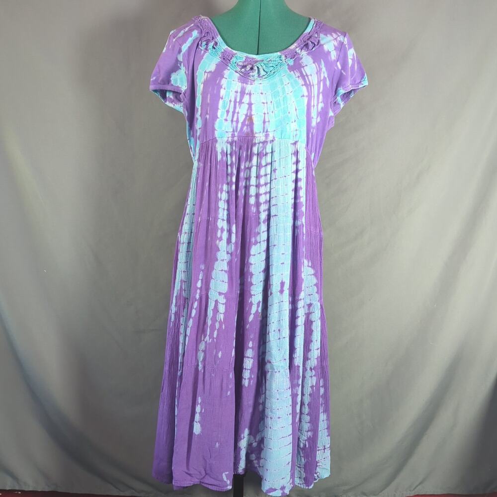 Lola P Purple Aqua Tie Dye Boho Maxi Dress One Size Rayon